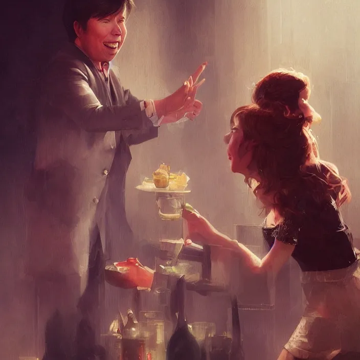 Image similar to michael mcintyre flirting with a singing waitress, elegant, real life skin, intricate artwork, high detailed, artstation, concept art, smooth, sharp focus, art by artgerm and greg rutkowski