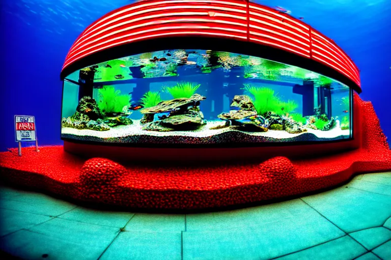 Image similar to 1 9 8 5 crab themed giant aquarium, googie architecture, one point perspective, americana, fishcore, exterior photography, hd 8 k, photography by ansel adams