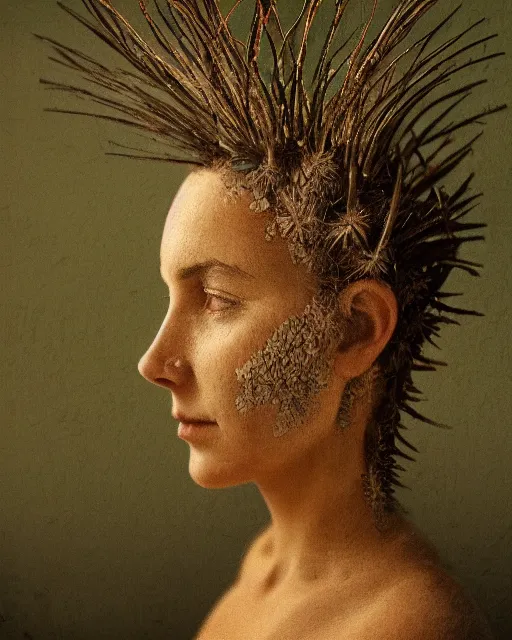 Prompt: a young woman's face in profile, made of cactus spines, in the style of the Dutch masters and Gregory Crewdson, dark and moody