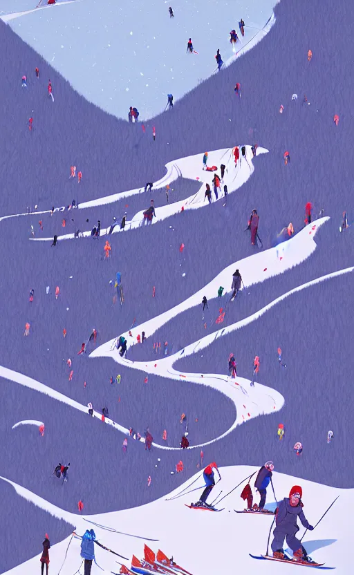 Image similar to by moebius and atey ghailan | the bottom of a ski slope with a huge pile of tangled up skiers |