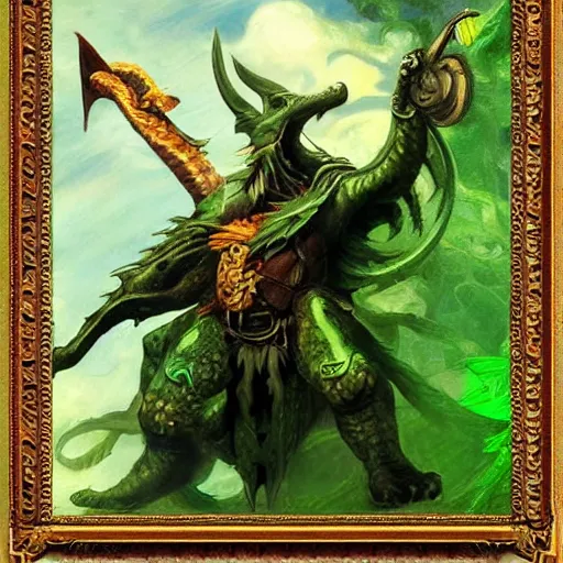 Prompt: Dragorborn bard with green scales, matte painting, Dali, Monet, dungeons and dragons