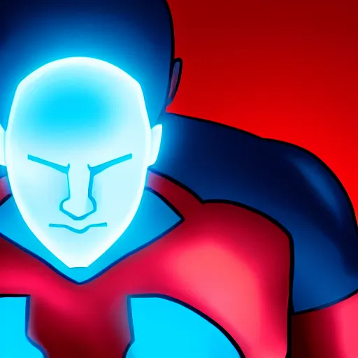 Prompt: a male superhero with blue glowing eyes, frontal view, cool looking