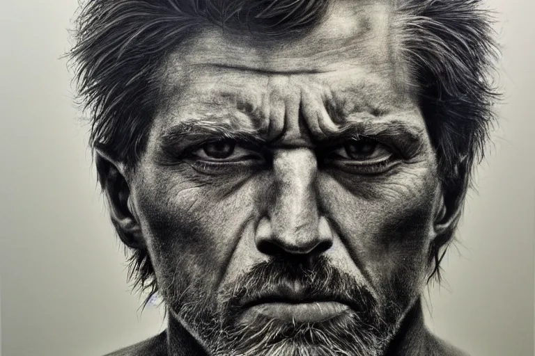 Prompt: painted closeup portrait of intense man, masculine, fierce, charming, fantasy, intricate, elegant, extremely detailed by by chuck close, charcoal on canvas