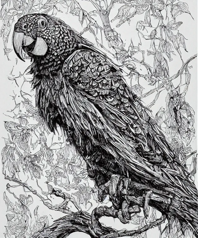 Prompt: a spot illustration of an undead parrot by john blanche, ian miller, karl kopinski, aeron alfrey, highly detailed, ink on paper, black and white, vignette illustration, white background