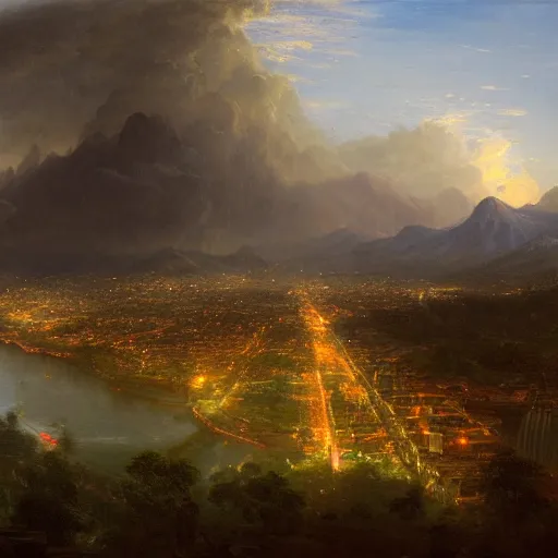 Image similar to bogota city, painted by thomas cole, with dramatic lighting, concept art, matte painting, 8 k, highly detailed, artstation