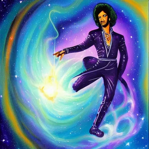 Image similar to a cosmic painting of prince in space. trending on artstation.