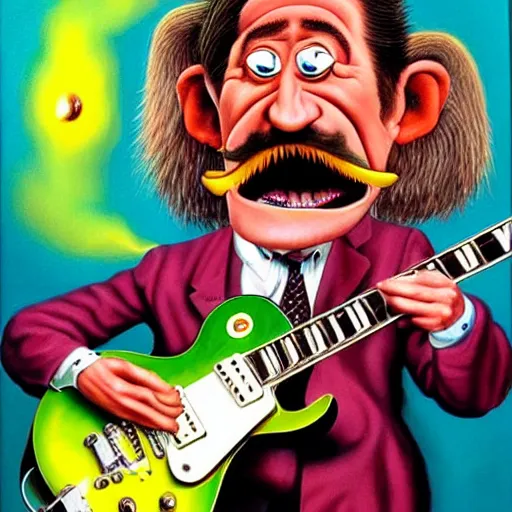 Prompt: beautiful lifelike painting of barry chuckle shredding on a gibson les paul, furious guitar solo, hyperreal detailed facial features and uv lighting, art by ed roth and basil wolverton