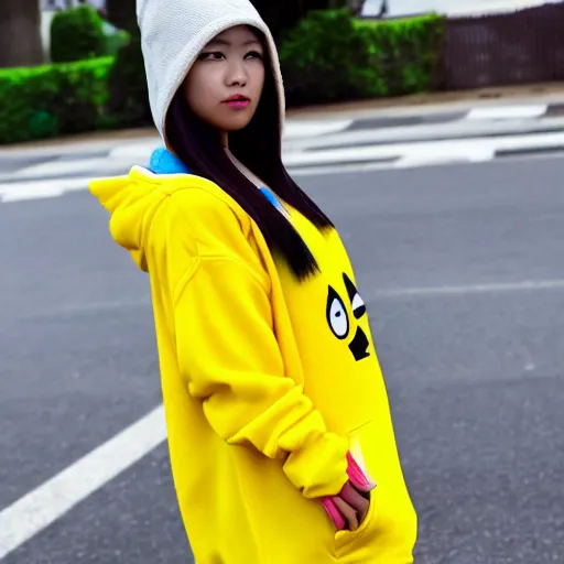Prompt: an asian girl wearing a bright yellow hoodie with pikachu ears, full body shot,