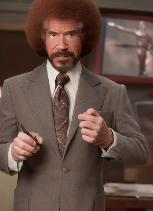 Image similar to film still of Bob Ross as Tony Stark in Iron Man, 4k