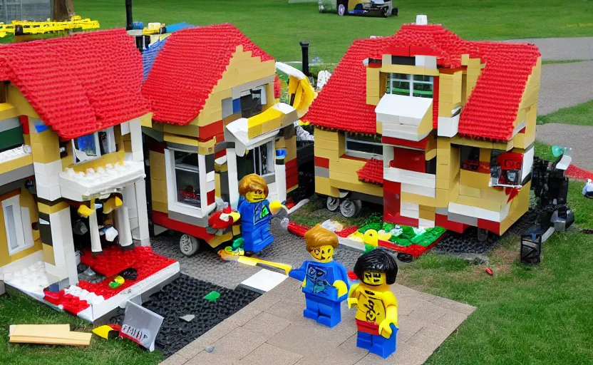 Prompt: a real house made out of lego razed by a 5 year old kid, pieces of lego laying on the lawn