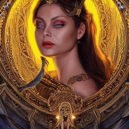 Prompt: a portrait of ornella muti as the goddess minerva surrounded by stacks of books, bioluminescent gown with deep level of detail of esoteric symbols, urban motifs, intricate, elegant, highly detailed, digital painting, trending on artstation, concept art, smooth sharp focus, illustration, art by artgerm and greg rutkowski