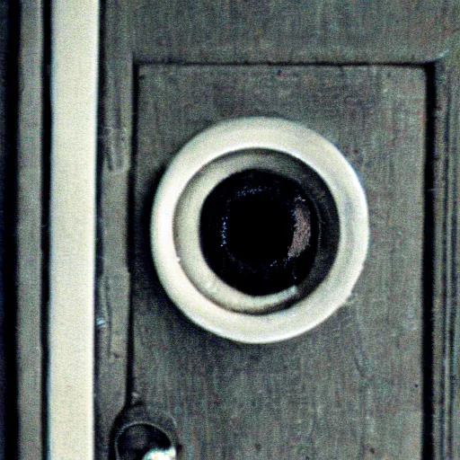 Prompt: hotel door eye hole creepy vintage 8 mm film