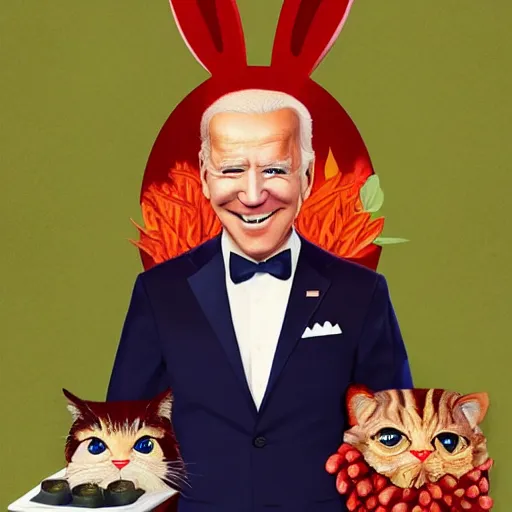 Prompt: A portrait of Joe Biden as Forrest Gump, looks like bunny girl, nekomimi, with Sushi and Sashimi on left hand, red eyes, symmetrical facial features, 8k