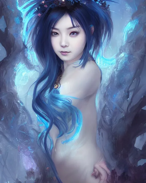 Image similar to stunningly beautiful female blue hair, cute korean actress, dj sura, fantasy art, fae priestess, lush dark forest landscape, fireflys at night, sharp focus, digital painting, 8 k, concept art, art by wlop, artgerm, greg rutkowski and alphonse mucha