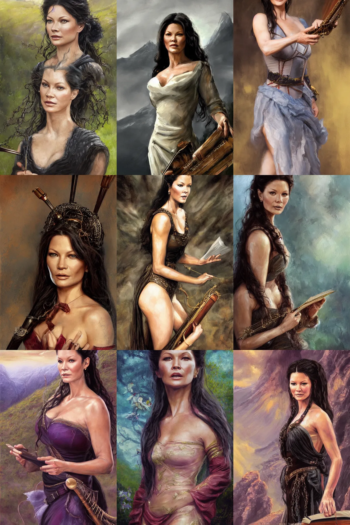 Prompt: a full body high detail fantasy portrait oil painting illustration of catherine zeta - jones as a beautiful young sophisticated singing bard woman by justin sweet with face and body clearly visible, in a scenic background, pupils visible, realistic proportions, d & d, rpg, forgotten realms, artstation trending, high quality, sombre mood, artstation trending, muted colours, entire person visible!