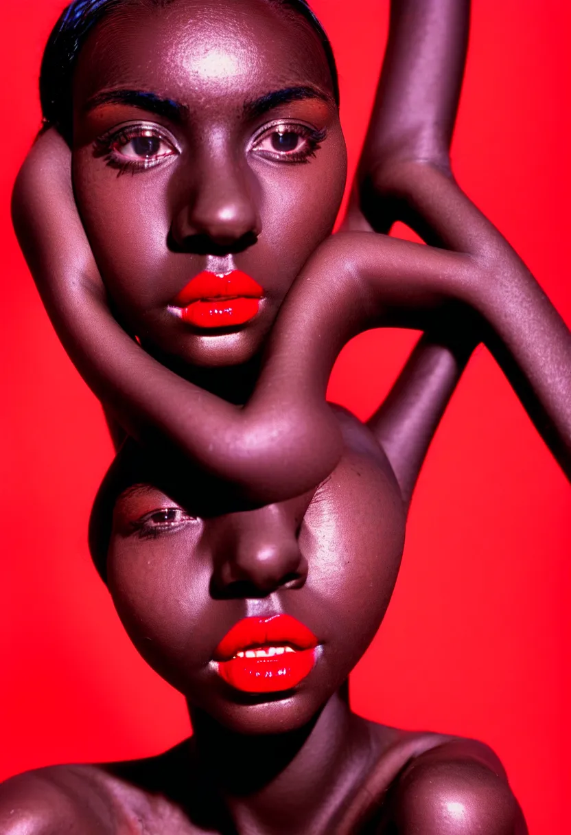 Image similar to medium shot, photograph of alluring dark skin young woman looking into camera, red lipstick, hundreds of cables and wires coming from her body, sharp focus,, as fashion editorial 9 0 s, symmetrical face, symmetry, kodak ektachrome