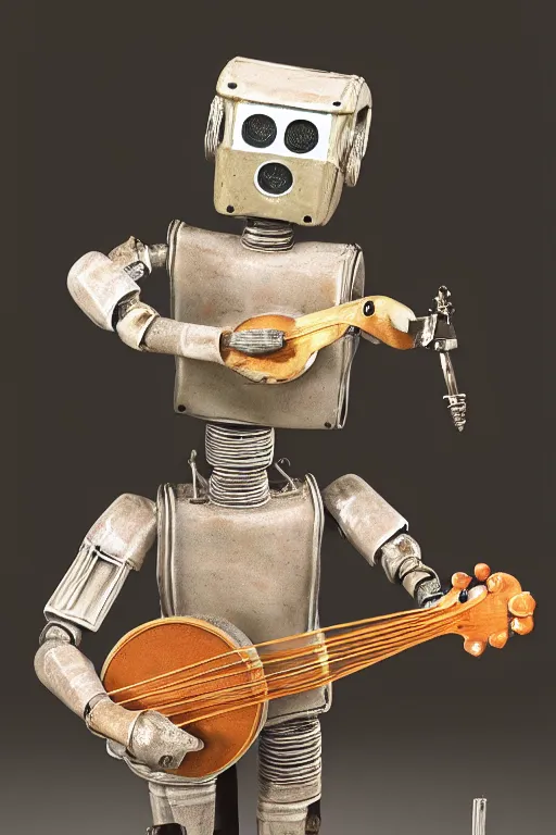 Image similar to glazed ceramic sculpture of a country bumpkin robot playing a banjo, straw in his mouth, studio lighting, rim lighting, high detail, hyper realistic, 8 k