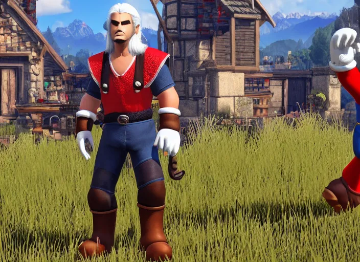 Prompt: super mario as geralt from witcher 3, rayracing, rtx, ultra detailed, in the witcher game, white hair, mario hat, overalls, red shirt