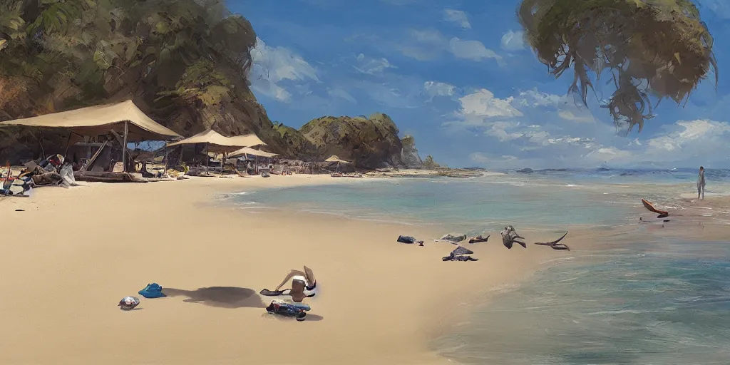 Image similar to precisely drawn illustration of a small camp on a beach. Wide angle, Sharp, Fine Details, Fantasy, realistic shaded lighting, in style of Katsuhiro Otomo, Magali Villeneuve, Artgerm, Rutkowski, Jeremy Lipkin, Giuseppe Dangelico Pino, Michael Garmash and Rob Rey