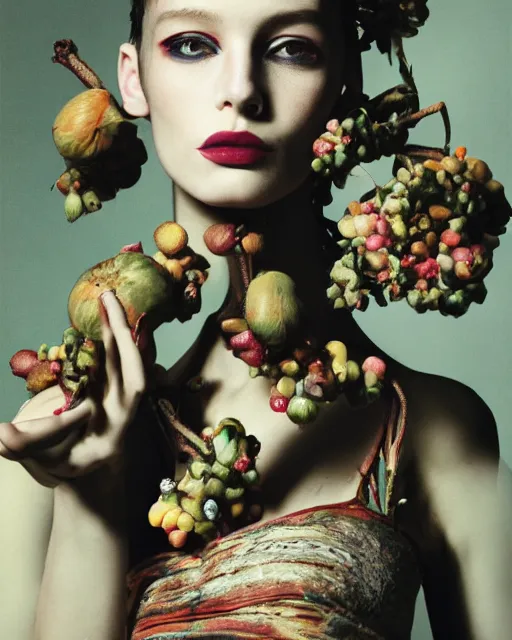 Image similar to a bountiful springtime harvest, a conceptual surrealist punk hairstyle for girls, by steven meisel, sigma 35mm f/8