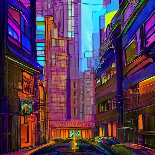 Prompt: stark street in portland oregon, cyberpunk, digital painting