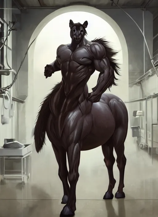 Prompt: splash art of an enormously muscular male anthro horse in a research facility wearing a skintight body armor, long white mane, furaffinity, anthro art, 8 k, unreal engine, by greg rutkowski, makoto shinkai and lois van baarle, ilya kuvshinov, rossdraws, tom bagshaw