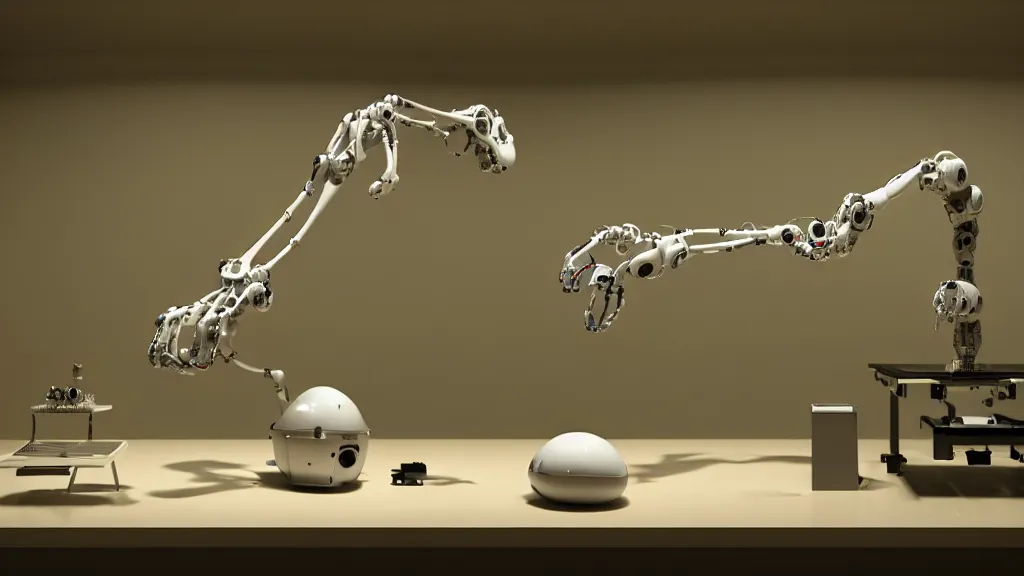 Image similar to a complex bifurcated robotic cnc surgical arm hybrid 3 d printer machine making organic ceramic kintsugi mandlebulb forms in the living room laboratory, film still from the movie directed by denis villeneuve with art direction by salvador dali, wide lens, f 3 2, cinematic lighting, studio quality, smooth render, unreal engine 5 rendered, octane rendered