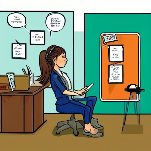 Prompt: a graphic novel line drawing of a cute brown haired female doctor with a ponytail, sitting behind a desk in a green cubicle, on the desk is an orange juice box. On the wall hangs a poster of sisyphos pushing a ball up a hill. Drawn in isometric perspective