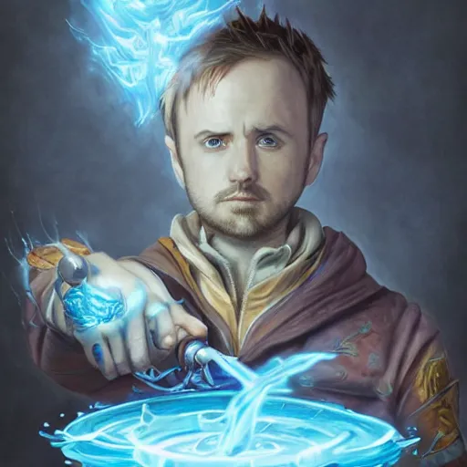 Prompt: Jesse Pinkman as a Junior Alchemist of the Blue Flame, Fantasy Illustration by Tony Sart, Trending on artstation