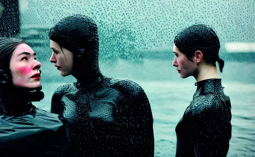 Prompt: cinestill 5 0 d candid photographic portrait by christopher nolan of two loving female androids wearing rugged black mesh techwear in treacherous waters, extreme closeup, modern cyberpunk retrofuturism moody emotional cinematic, pouring colorful rain, 8 k, hd, high resolution, 3 5 mm, f / 3 2, ultra realistic faces, ex machina