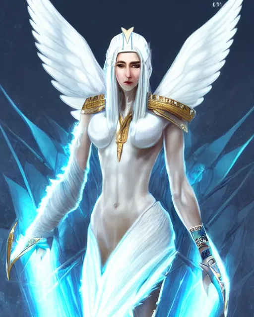 Image similar to perfect white haired egyptian goddess wearing white dove wings, warframe armor, regal, attractive, ornate, sultry, beautiful, dreamy, half asian, pretty face, blue eyes, detailed, scifi platform, 4 k, ultra realistic, epic lighting, android body, illuminated, cinematic, masterpiece, art by akihito tsukushi, voidstar, artgerm