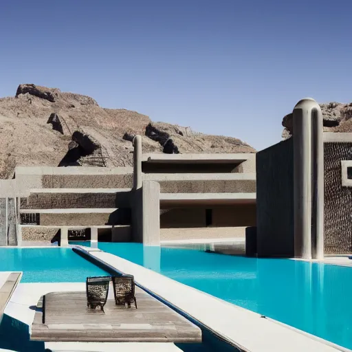 Image similar to brutalism luxury hotel in the desert, biophilia mood, pool, garden, highly detailed, cinematic, photorealistic,