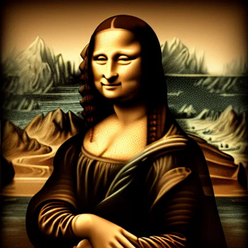 Prompt: highly realistic photo of mona lisa in the style of cyberpunk