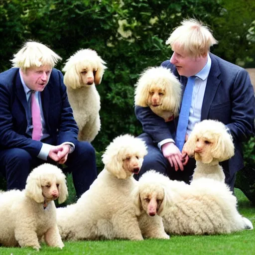 Image similar to Boris Johnson sitting with a group of poodles at a park.