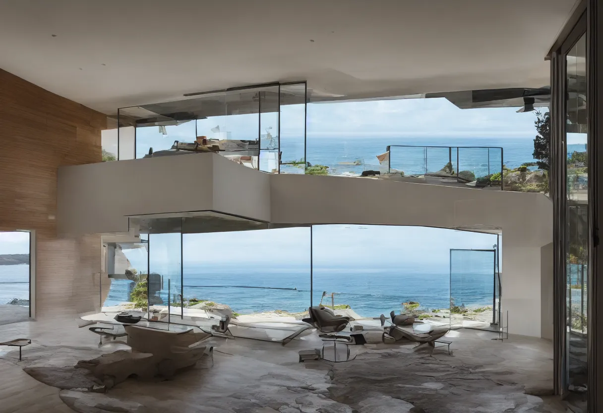 Image similar to Modern interior of a house with big windows, modern furniture at dawn, Located on a cliff view to the sea, detailed architecture coherent high detail