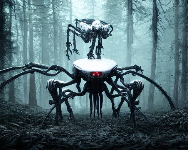 Image similar to photo of a giant huge white terminator spider with heavy duty biomechanical hydraulic cybernetic body with antennas and visor cogs and gears and components in the forest. cyberpunk horror style. highly detailed 8 k. intricate. nikon d 8 5 0 5 5 mm. art by hr giger. award winning photography.