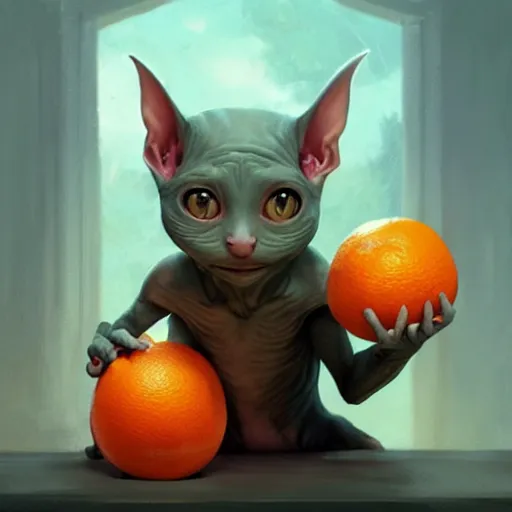 Image similar to An adorable hairless goblin cat stealing an orange, by Stanley Artgerm Lau, WLOP, Rossdraws, James Jean, Andrei Riabovitchev, Marc Simonetti, and Greg Rutkowski, trending on artstation