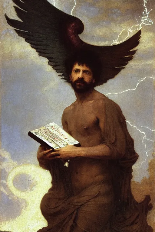 Prompt: a renaissance oil painting close shot portrait by alma tadema of a demon lucifer with large wings holding a book surrounded by lightning clouds descending upon foggy frost, colourful pastel, detailed academic bouguereau, high shadow, sharp focus