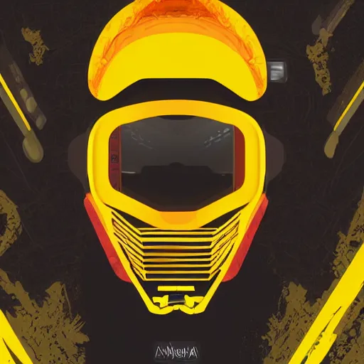 Image similar to helmet lion cyberpunk made of yellow lava and fire in angga tantama and wahyudi ramadhani style, profile portrait, robotic, digital illustration, vector art, drawing