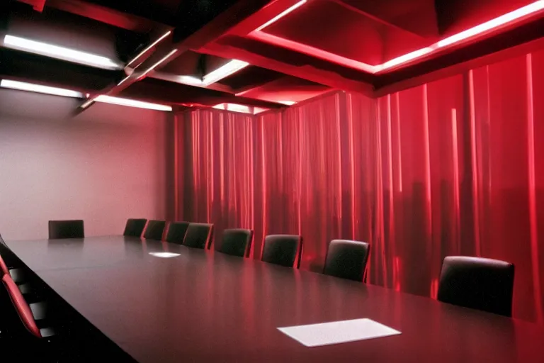 Image similar to a dark conference room, half full, atmospheric and obscure, red neon light, by roger deakins, cinematography, syd mead