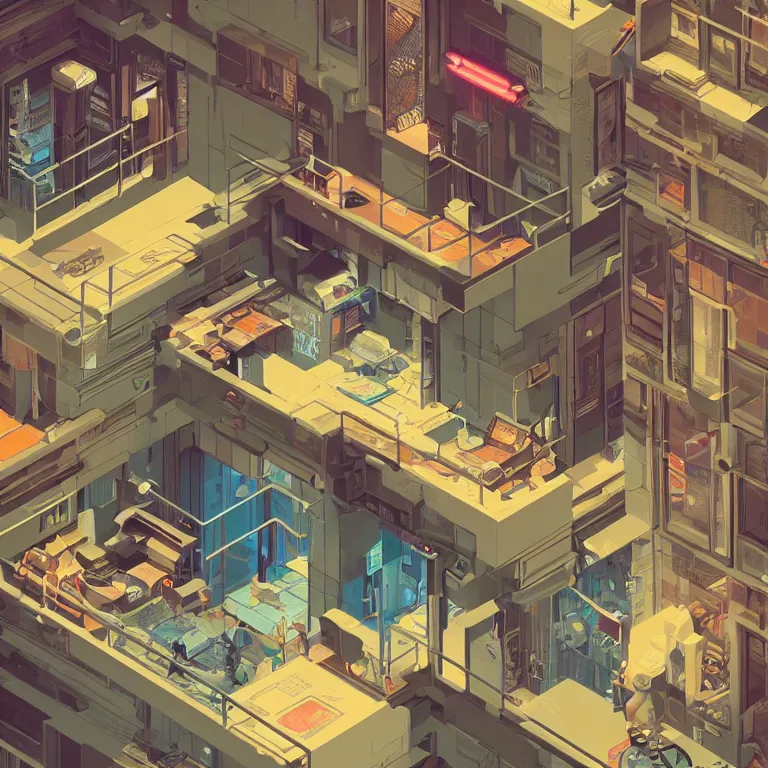 Prompt: isometric view illustration of a Cyberpunk apartment, highly detailed, by James Gilleard and Bruce Pennington