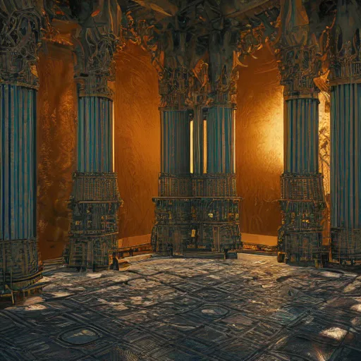 Image similar to a painting of the interior decoration of a very tall gothic temple, 4k, Unreal 5, Octane render, Hyperrealistic, Exquisite detail