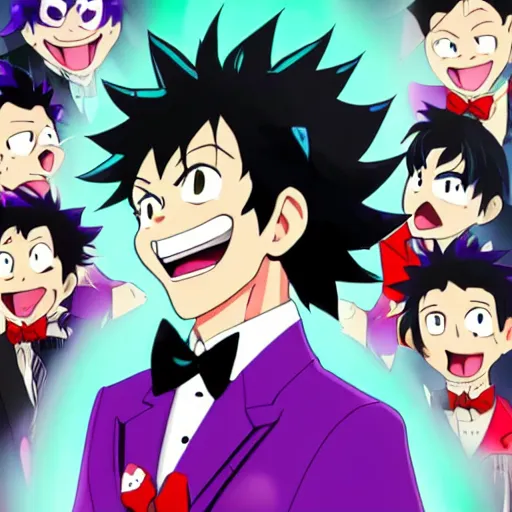 Image similar to a guy with black hair, wears a comedian purple suit and a red bowtie, anime character design key visual, Official media from My Hero Academia, sharp, 4k HD