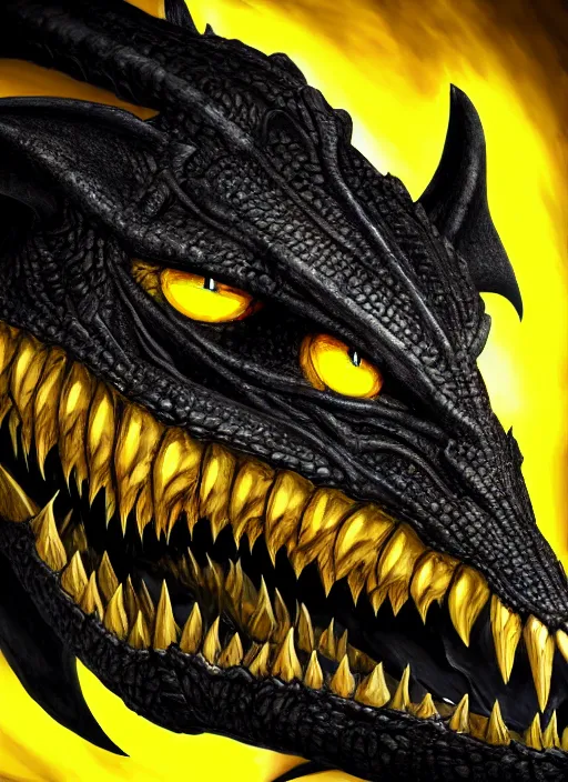 Image similar to closeup portrait of black dragon head with yellow eyes, ultra realistic, fantasy, magic, dnd,