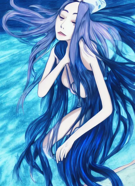 Image similar to a woman with blue hair sitting underwater, a beautiful anime drawing by yuumei, featured on pixiv, rayonism, pixiv, seapunk, anime, detailed