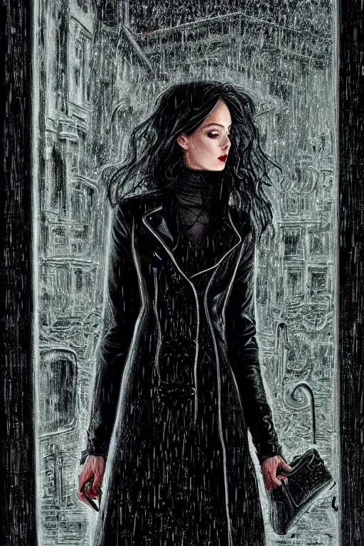 Image similar to dreamy gothic girl, black leather slim coat, rainy mirror, beautiful woman body, detailed acrylic, grunge, intricate complexity, by dan mumford and by alberto giacometti, peter lindbergh