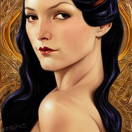 Image similar to an art nouveau, ( streamline moderne ), multi - ethnic and multi - racial portrait in the style of charlie bowater, and donato giancola, and charles dulac. very large, clear, expressive and intelligent eyes. symmetrical, centered, ultrasharp focus, cinematic lighting, photorealistic digital painting, intricate ultra detailed background.