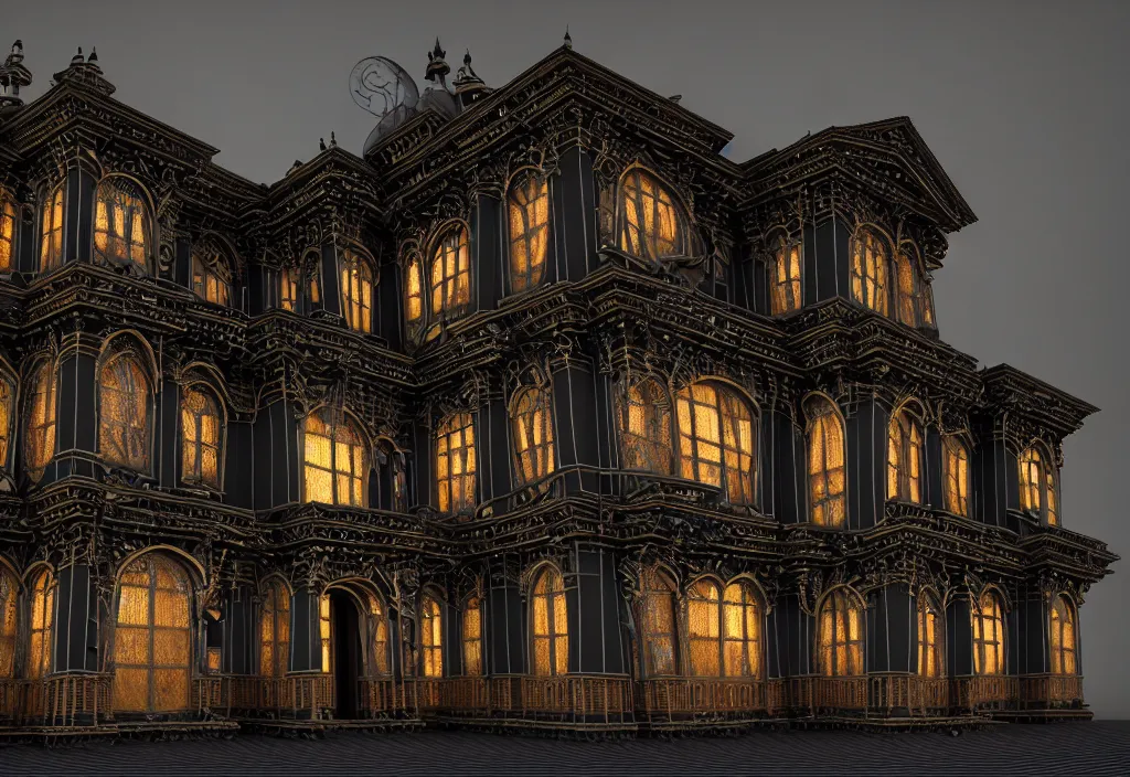 Prompt: symmetrical features, ominous, magical realism, texture, intricate, ornate, royally decorated, body format, windows, many doors, roofs, complete house, whirling smoke, embers, adornements, torn fabric, radiant colors, fantasy, trending on artstation, volumetric lighting, micro details, 3 d sculpture, ray tracing, 8 k