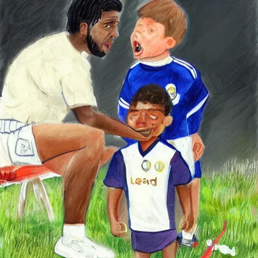 Image similar to small mixed race child being told he isn't good enough to play for leeds his dad is consoling him crying. art station,