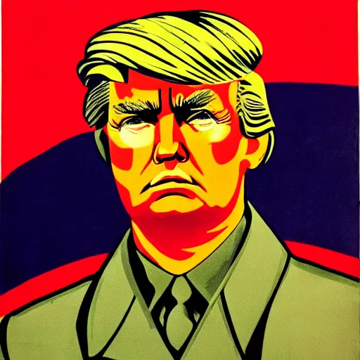 Image similar to ussr propaganda art demonstrating red army soldier looking as donald trump in world war two, pop art, detailed face